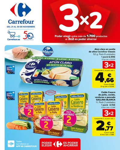 Ofertas de Hiper-Supermercados en Fuente del Maestre | 3x2 (Alimentación, Drogueria, Perfumeria y comida de animales) de Carrefour | 21/11/2023 - 30/11/2023