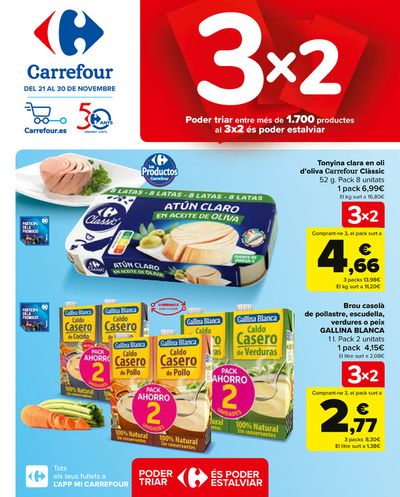 Ofertas de Hiper-Supermercados en Granollers | 3x2 (Alimentación, Drogueria, Perfumeria y comida de animales) de Carrefour | 21/11/2023 - 30/11/2023