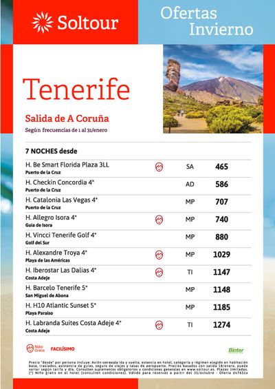 Ofertas de Viajes en Ponteareas | Ofertas Invierno Tenerife - Enero de Soltour | 30/11/2023 - 23/12/2023