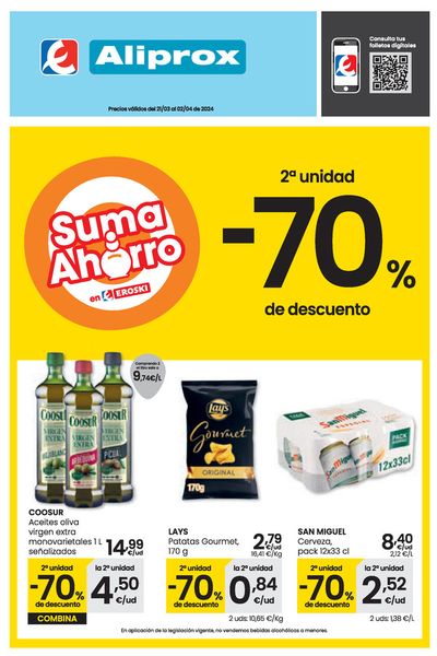 Ofertas de Hiper-Supermercados en Peñafiel | 2a unidad -70% de descuento ALIPROX. de Eroski | 21/3/2024 - 2/4/2024