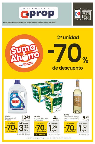 Ofertas de Hiper-Supermercados en Ibiza | 2a unidad -70% de descuento APROP de Eroski | 4/4/2024 - 16/4/2024