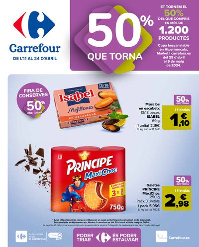 Catálogo Carrefour en Valls | 50% Q VUELVE (Alimentación) + 3x2 (Alimentación, Drogueria, Perfumeria y comida de animales) | 11/4/2024 - 24/4/2024