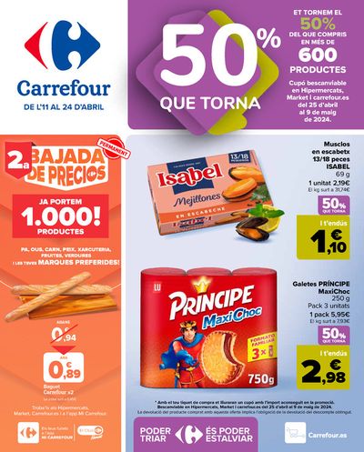 Ofertas de Hiper-Supermercados en Caldes de Malavella | 50% Q VUELVE (Alimentación) + 3x2 (Alimentación, Drogueria, Perfumeria y comida de animales) de Carrefour | 11/4/2024 - 24/4/2024
