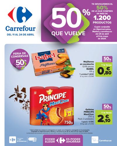 Catálogo Carrefour en La Orotava | 50% Q VUELVE (Alimentación) + 3x2 (Alimentación, Drogueria, Perfumeria y comida de animales) | 11/4/2024 - 24/4/2024