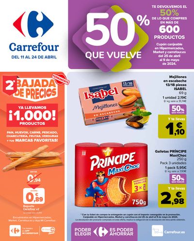 Ofertas de Hiper-Supermercados en Torrejón | 50% Q VUELVE (Alimentación) + 3x2 (Alimentación, Drogueria, Perfumeria y comida de animales) de Carrefour | 11/4/2024 - 24/4/2024