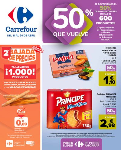 Ofertas de Hiper-Supermercados en Melilla | 50% Q VUELVE (Alimentación) + 3x2 (Alimentación, Drogueria, Perfumeria y comida de animales) de Carrefour | 11/4/2024 - 24/4/2024