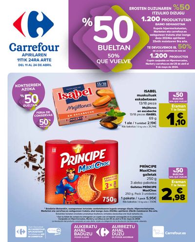 Catálogo Carrefour en Leioa | 50% Q VUELVE (Alimentación) + 3x2 (Alimentación, Drogueria, Perfumeria y comida de animales) | 11/4/2024 - 24/4/2024