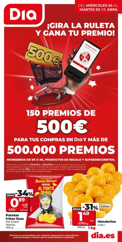 Ofertas de Hiper-Supermercados en Málaga | ¡Gira la ruleta de DIA y gana tu premio! del 24 al 30 de abril. de Dia | 24/4/2024 - 30/4/2024
