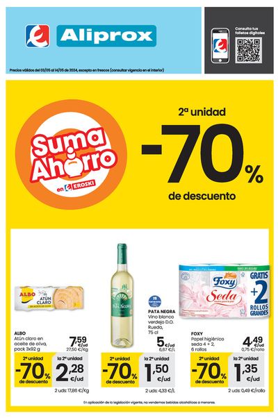 Ofertas de Hiper-Supermercados en Villamalea | 2a unidad -70% de descuento ALIPROX. de Eroski | 3/5/2024 - 14/5/2024