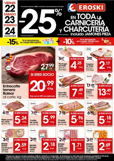 Catálogo Eroski en Sa Pobla | 25 % off en carne y charcutería  | 22/11/2024 - 24/11/2024