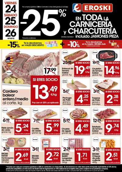 Catálogo Eroski en Inca | 25% de descuento en toda la carnicería y charcutería | 24/1/2025 - 26/1/2025