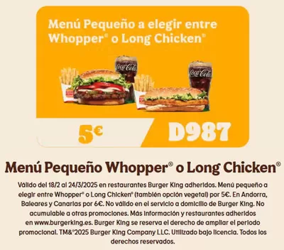 Ofertas de Restauración en Villava-Atarrabia | Menú Pequeño Whopper o Long Chicken de Burger King | 5/3/2025 - 24/3/2025