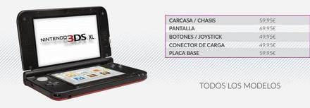 Oferta de NINTENDO 3DS.XL  DE  B30  CARCASA / CHASIS  PANTALLA  BOTONES / JOYSTICK  CONECTOR DE CARGA  PLACA BASE  59,95€  69,95€  49,95€  49.95€  59,95€  TODOS LOS MODELOS  por 59,95€ en Game
