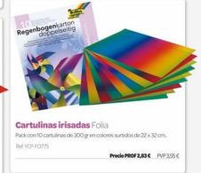Oferta de Olla  10  Regenbogenkarton doppelseitig  Cartulinas irisadas Folia  Pack con 10 cartulinas de 300 gr en colores surtidos de 22 x 32 cm.  Ref: YCP-FO775  Precio PROF 2,83 € PVP 3,55 €  por 2,83€ en Dideco