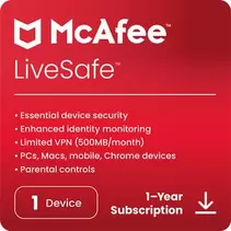 Oferta de McAfee LiveSafe – 1 Dispositivo  - Suscripción de 1 año por 24,9€ en Acer