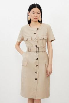 Oferta de Twill Canvas Cargo Pocket Belted Tailored Midi Dress por 108,5€ en Karen Millen