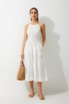 Oferta de Cotton Woven Shirred Tiered Maxi Dress por 74,25€ en Karen Millen