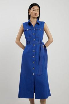 Oferta de Petite Tailored Denim Pocket Belted Full Skirt Midi Shirt Dress por 243,75€ en Karen Millen