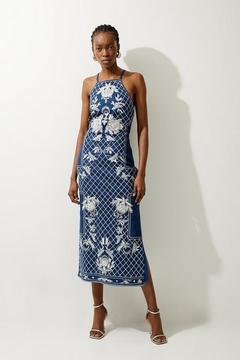 Oferta de Beaded Embellished Denim Woven Halter Midi Dress por 291,75€ en Karen Millen