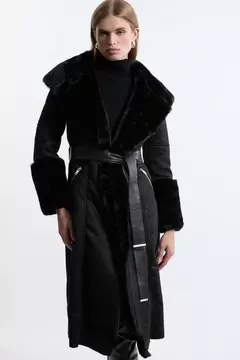 Oferta de Faux Shearling Collar & Cuff Belted Midi Coat por 142,35€ en Karen Millen