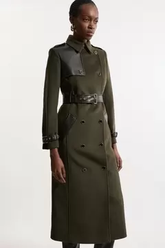 Oferta de Petite Wool Blend Pu Trim Belted Tailored Coat por 389€ en Karen Millen