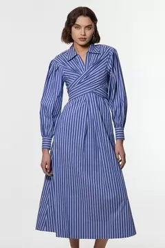 Oferta de Stripe Cotton Poplin Drama Sleeve Woven Wrap Detail Shirt Dress por 125,3€ en Karen Millen