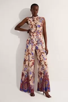Oferta de Petite Premium Viscose Linen Paisley Border Print Woven Jumpsuit por 131,4€ en Karen Millen
