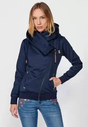 Oferta de Women's Floral Print Zip Up Wide Neck Hooded Sweatshirt with Pockets in Navy por 59,99€ en Koröshi