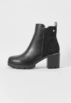 Oferta de Botín de tacón y cierre con cremallera lateral y brillos para mujer de color negro por 49,99€ en Koröshi