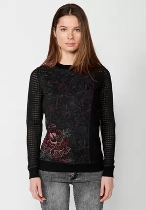 Oferta de Patchwork T-shirt mixed with long sleeves and round neck with floral print and embroidery in black for women por 39,99€ en Koröshi