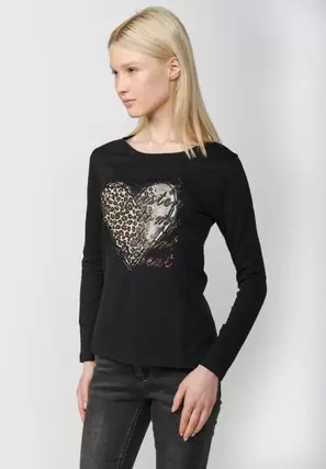 Oferta de Women's Long Sleeve Crew Neck Cotton T-Shirt with Animal Print Heart Print in Black por 35,99€ en Koröshi