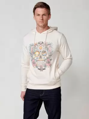 Oferta de Sudadera de manga larga con cuello y capucha con estampado delantero de color crudo para hombre por 49,99€ en Koröshi