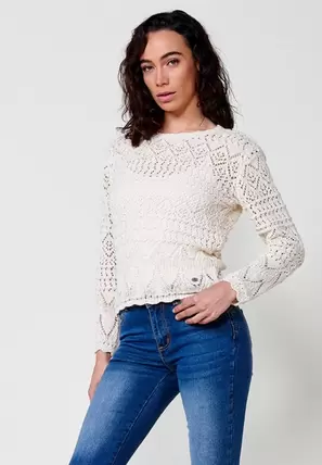 Oferta de Jersey de manga larga tricot con cuello barca para mujer de color crudo por 49,99€ en Koröshi