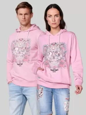 Oferta de Unisex pink long sleeve hooded sweatshirt with front print por 49,99€ en Koröshi