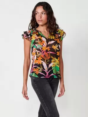 Oferta de Blusa de Gasa Semitransparente, Sin Mangas, Cuello Redondo con Cordón, Volantes y Estampado Floral en Negro por 49,99€ en Koröshi