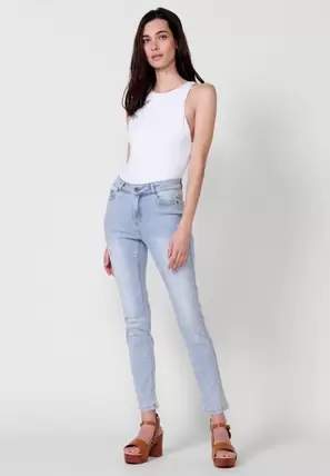 Oferta de Pantalón largo denim recto con Detalle de lentejuelas delanteras y Cierre con cremallera y botón color Azul para Mujer por 49,99€ en Koröshi