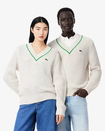 Oferta de Jersey de tenis de rayas con cuello de pico por 190€ en Lacoste