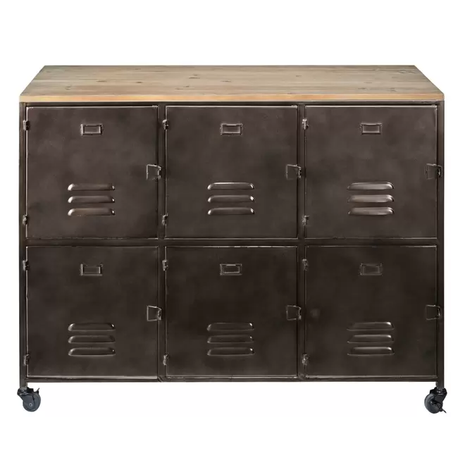 Oferta de Buffet industriel noir à roulettes 6 portes en métal et bois de sapin por 259€ en Maisons du Monde