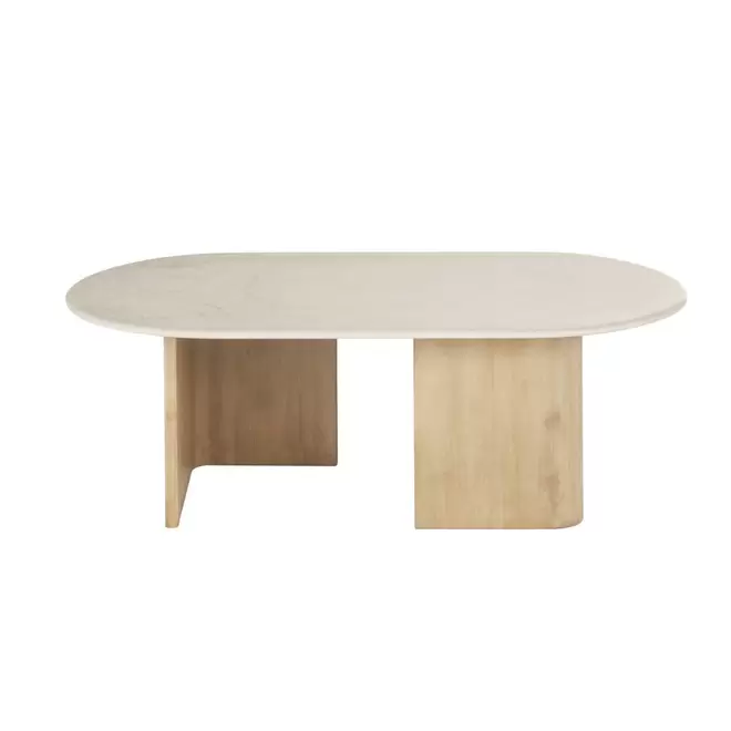 Oferta de Table basse en marbre blanc effet travertin et bois de manguier massif por 419€ en Maisons du Monde