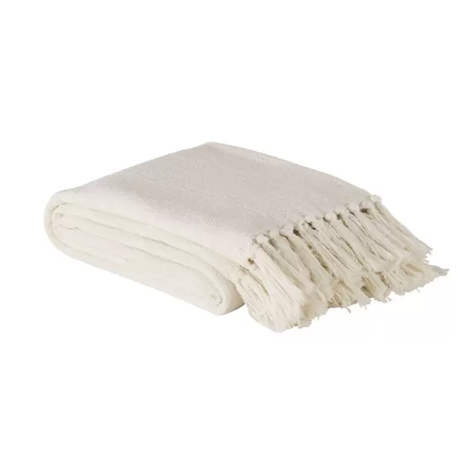 Oferta de Plaid en coton recyclé écru avec pompons 160x210 por 49,99€ en Maisons du Monde