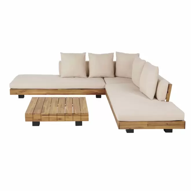 Oferta de Salon de jardin 6 places en bois d'acacia massif, aluminium et toile recyclée coloris sable por 1599€ en Maisons du Monde