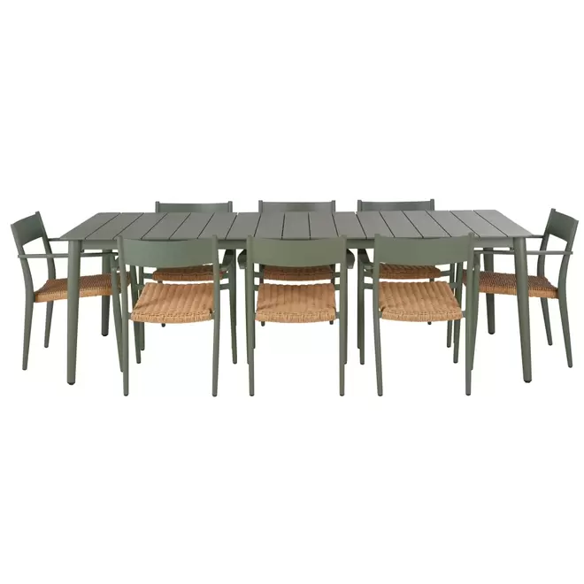 Oferta de Ensemble table et 8 chaises de jardin en aluminium vert kaki et résine recyclée beige por 1299€ en Maisons du Monde