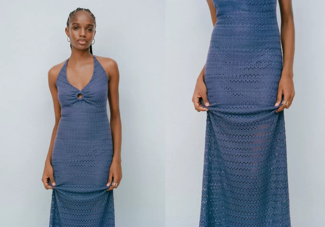 Oferta de Vestido punto calado cuello halter por 35,99€ en MANGO