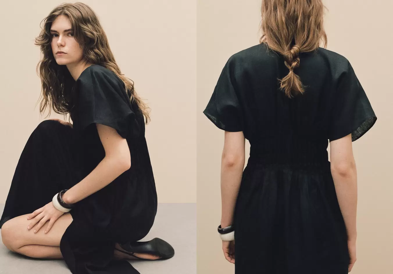 Oferta de Vestido largo lino panel fruncido por 79,99€ en MANGO
