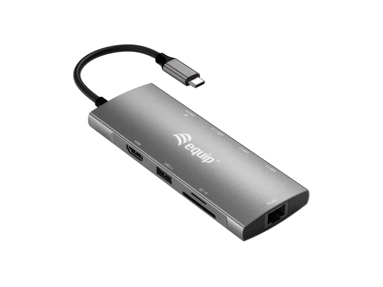 Oferta de ADAPTADOR USB-C 9EN1 EQUIP HDMI 4K USB-C  DATOS  USB-A 5GB/S X2  USB-C CARGA MAX 100W RJ45 GIGABIT LECTO DE TARJETAS por 48,68€ en PCBox