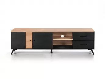 Oferta de Mueble Tv con puertas, cajones y huecos color bocamina-natural por 245€ en Merkamueble