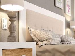 Oferta de Cabecero madera y tapizado blanco y beige por 275€ en Muebles Hipopótamo