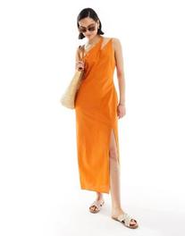 Oferta de Vestido veraniego midi naranja tostado asimétrico con tirante doble de mezcla de lino de ASOS DESIGN por 34,99€ en Asos