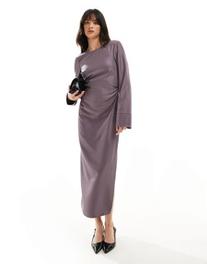 Oferta de Vestido midi color malva intenso de manga larga con cintura fruncida y detalle retorcido en la espalda de ASOS DESIGN por 62,61€ en Asos