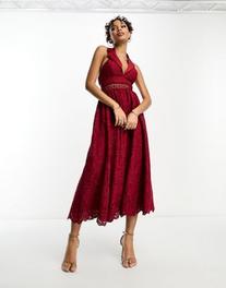 Oferta de Vestido midi color vino con solapas y detalle de espalda abierta de encaje de ASOS DESIGN por 47,6€ en Asos
